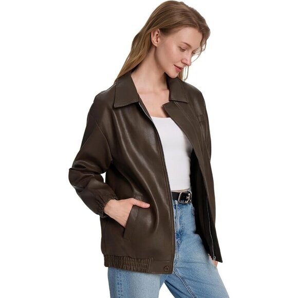 Women's Brown Faux Leather Zip-Up Jacket with Elastic Cuffs and Collar - Picture 4 of 7